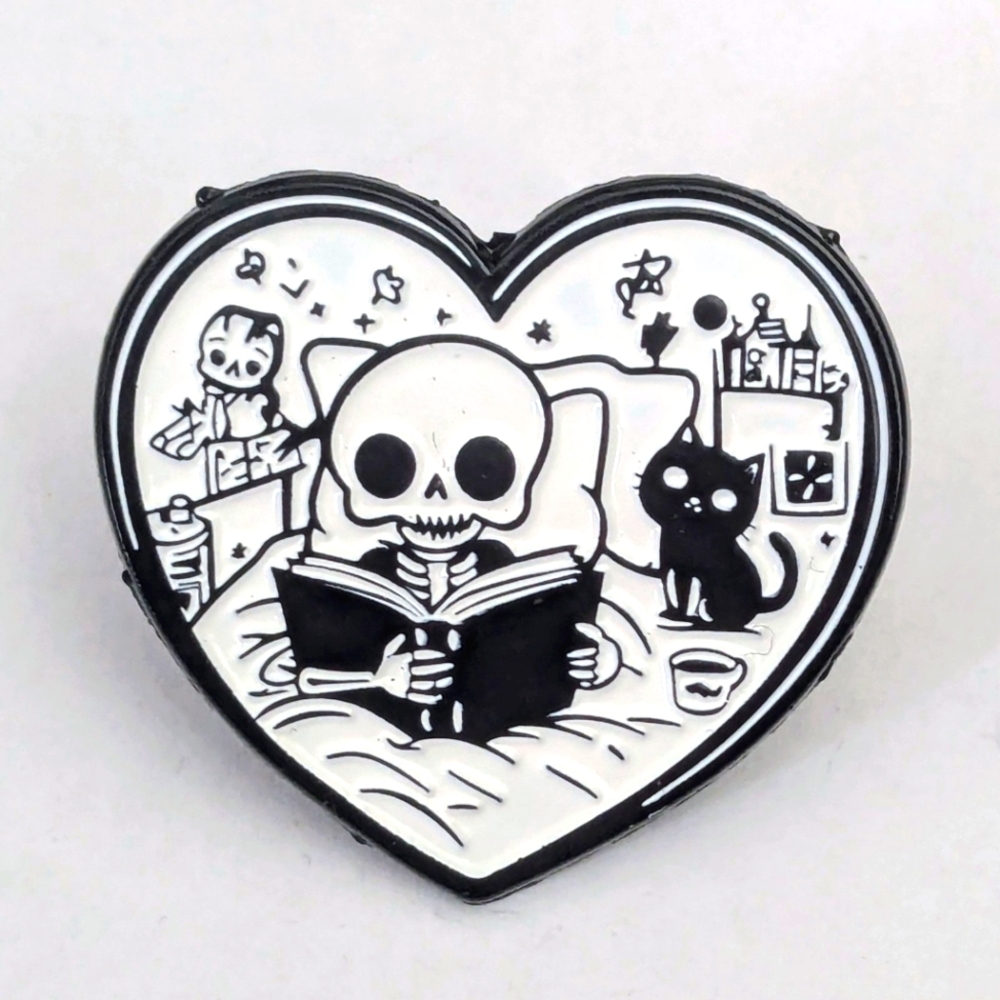 Reading Skeleton With Cat Heart Enamel Pin